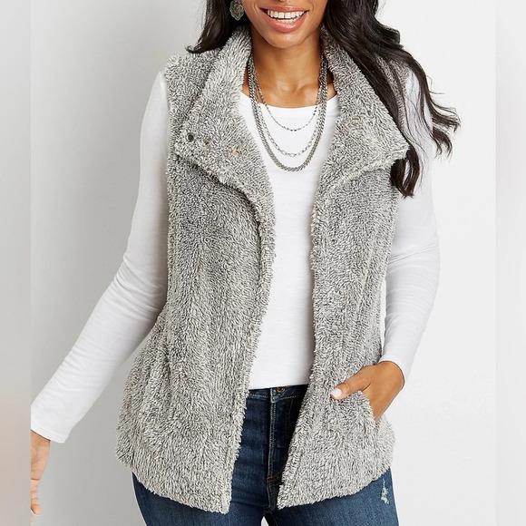 Maurices Gray Asymmetrical Collar Open Front Sherpa Vest Xsmall Women’s - Picture 1 of 11